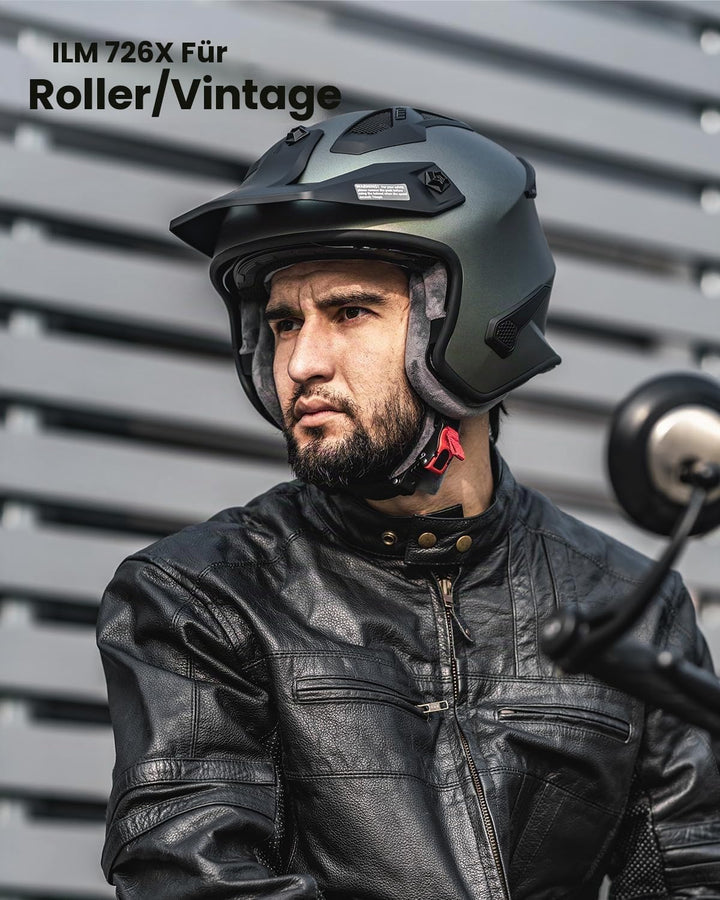 ILM Helm Motorrad Integralhelm Motocross Herren Damen Vintage Retro mit Visier ECE Model 726X XL Grü