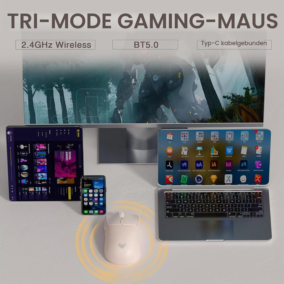 AULA SC580 Gaming Maus Kabellos,2.4GHz/USB-C/BT5.0 Wireless Gaming Mouse,12000DPI,6 Programmierbare