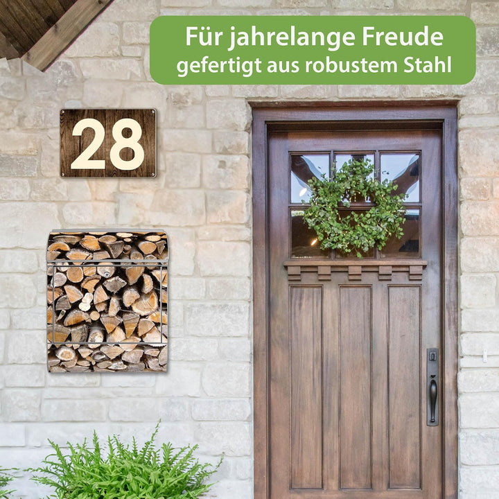 banjado® Design Briefkasten mit Motiv Holzstapel 39x47x14cm &amp; 2 Schlüssel - Briefkasten Stahl Silber