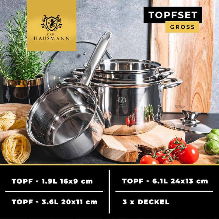 Topfset Induktion 3-teilig, Kochtopf Set mit Glasdeckel, Edelstahl mattiert, Induktions Töpfe Set un