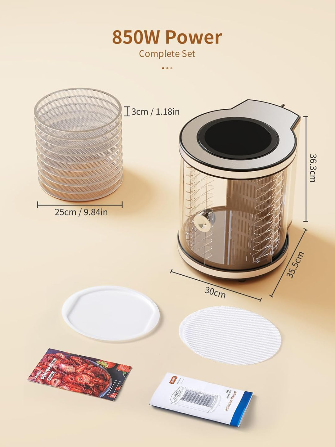 Dörrautomat 10 Etagen Edelstahl mit LCD-Display – Lebensmitteltrockner mit Rotation, 850 W, 35–75 °C