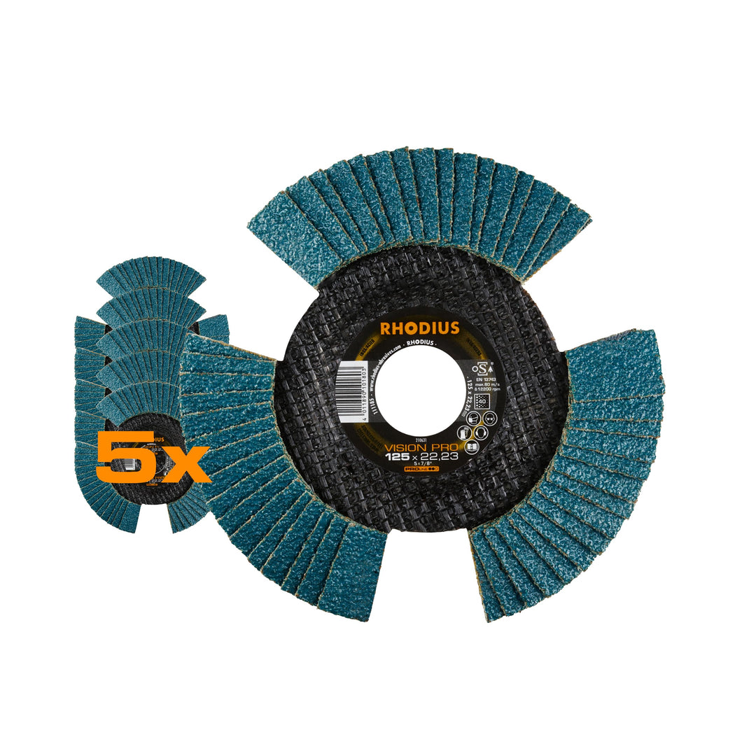 RHODIUS VISION PRO, 5 Stück Ø 125 mm K40 Fächerscheiben durchsichtig, Metall Edelstahl Stahl INOX, f