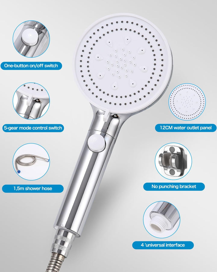 Duschkopf, 6 Strahlarten Wassersparend, Duschbrause Handbrause, Shower Head, Silber