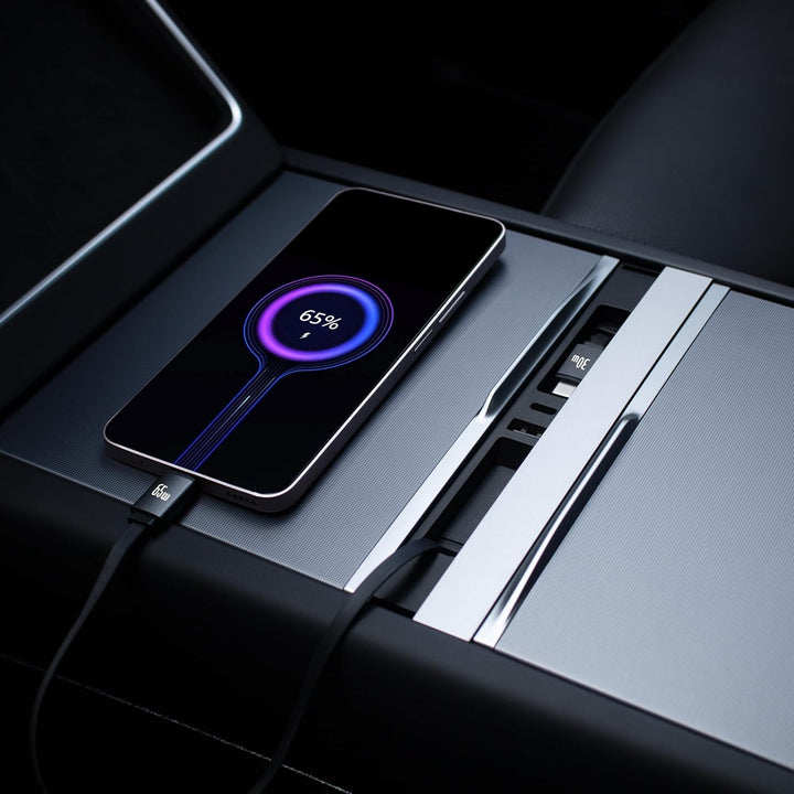 USB-Hub-Ladegerät für Tesla mit 2 Type-C einziehbaren Kabeln für Model 3 Highland 2024-2026 & Model