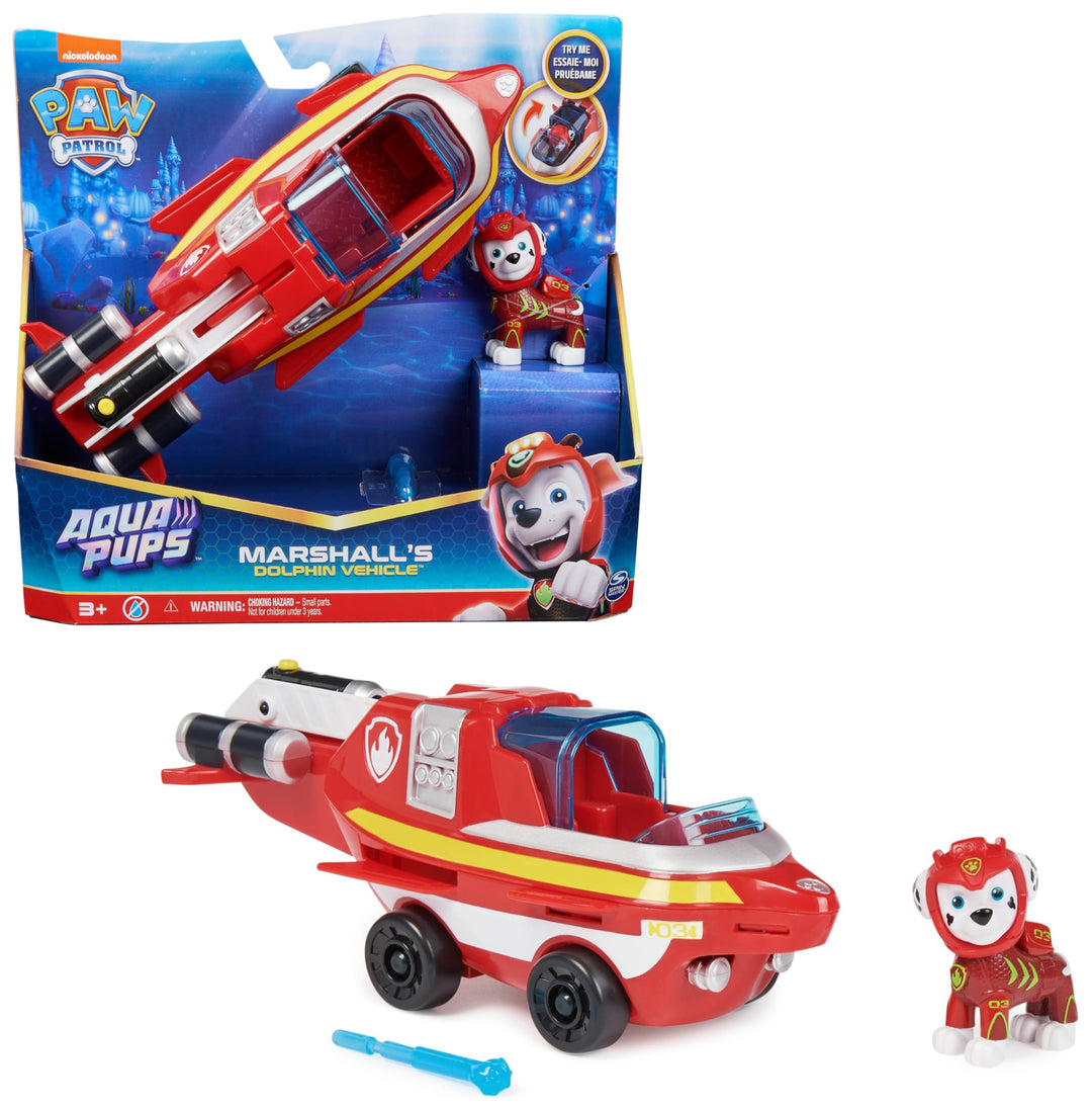 PAW PATROL, Aqua Pups - Basis Fahrzeug Spielzeugauto im Delfin-Design mit Marshall Welpenfigur, Spie