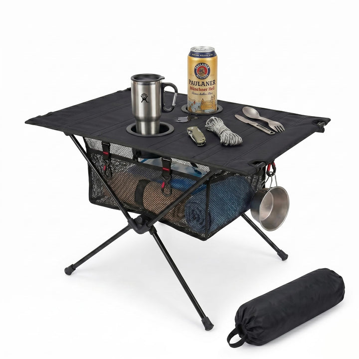 Campingtisch Klappbar Aluminium, Schwarz, 60x39x37cm | Ultraleicht, Taktisch, Aufbewahrungsnetz &amp; 4