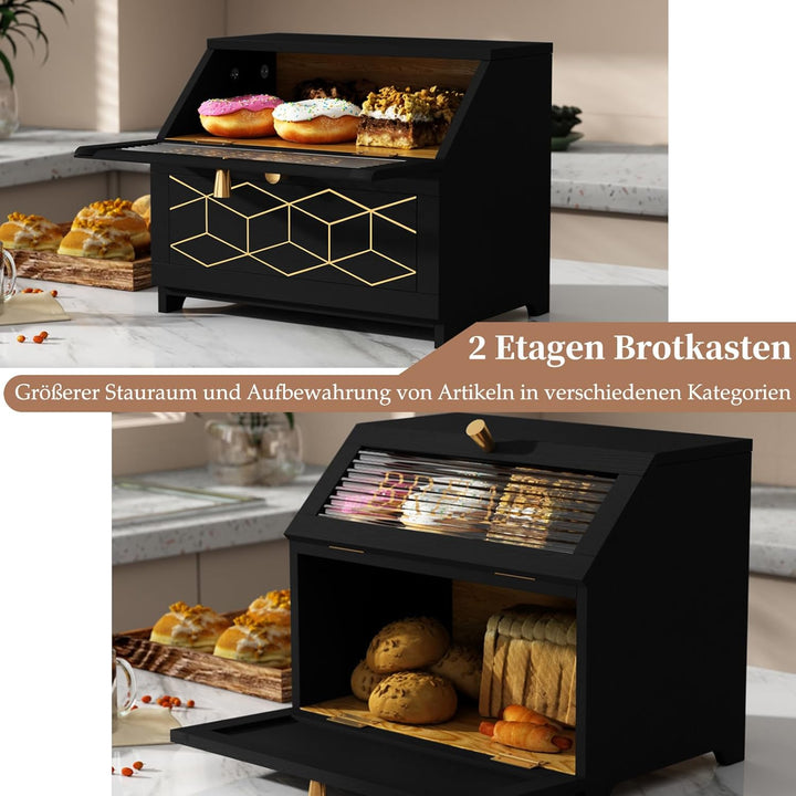 Brotkasten Holz, 2 Etagen Brot Aufbewahrungsbox, Gross Brotkasten Schwarz Mit Transparentem Fenster