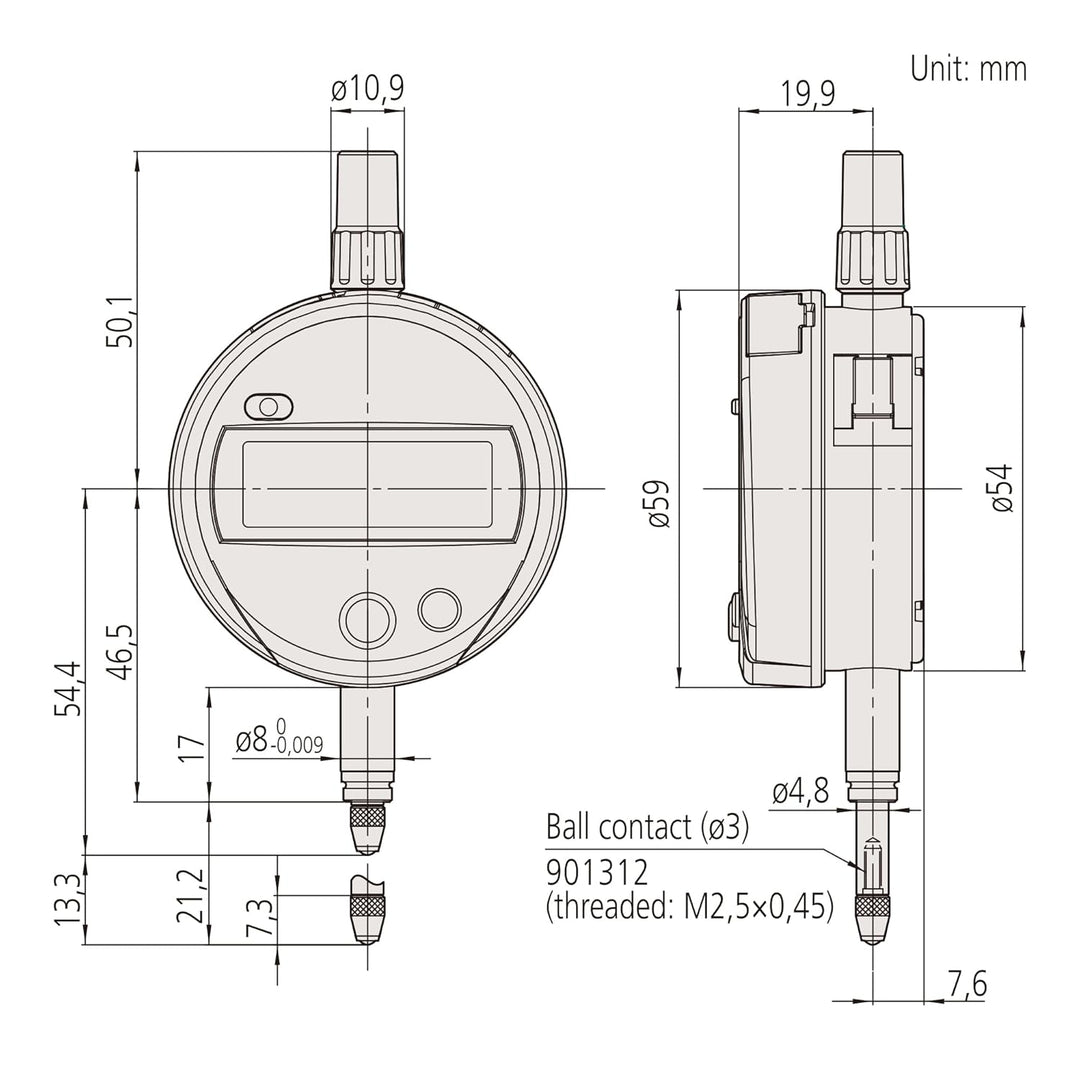 Mitutoyo 543-790B-10, Digitale Messuhr ID-S, 12,7 mm, 0,001 mm, IP42, Flache Rückplatte, Metrisch, m