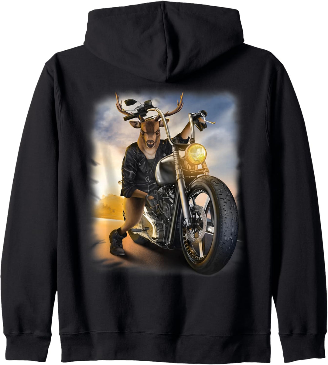 Hirsch reitet ein Zerhackermotorrad reitet Kapuzenjacke