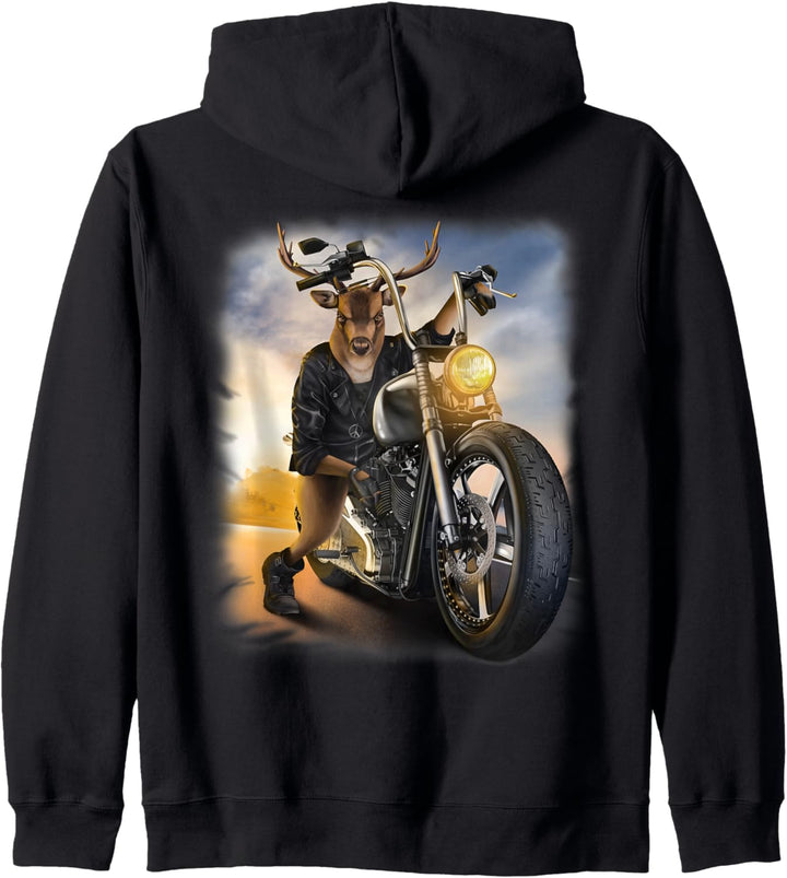 Hirsch reitet ein Zerhackermotorrad reitet Kapuzenjacke