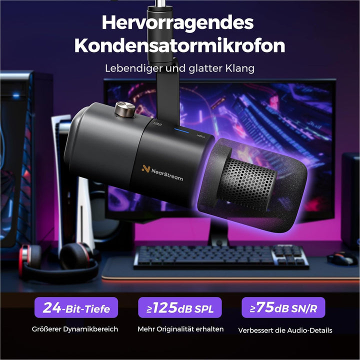 NearStream AM20X USB/XLR Podcast Mikrofon Set mit Boom Arm, EIN-TIPP Stummschaltung & Rauschunterdrü