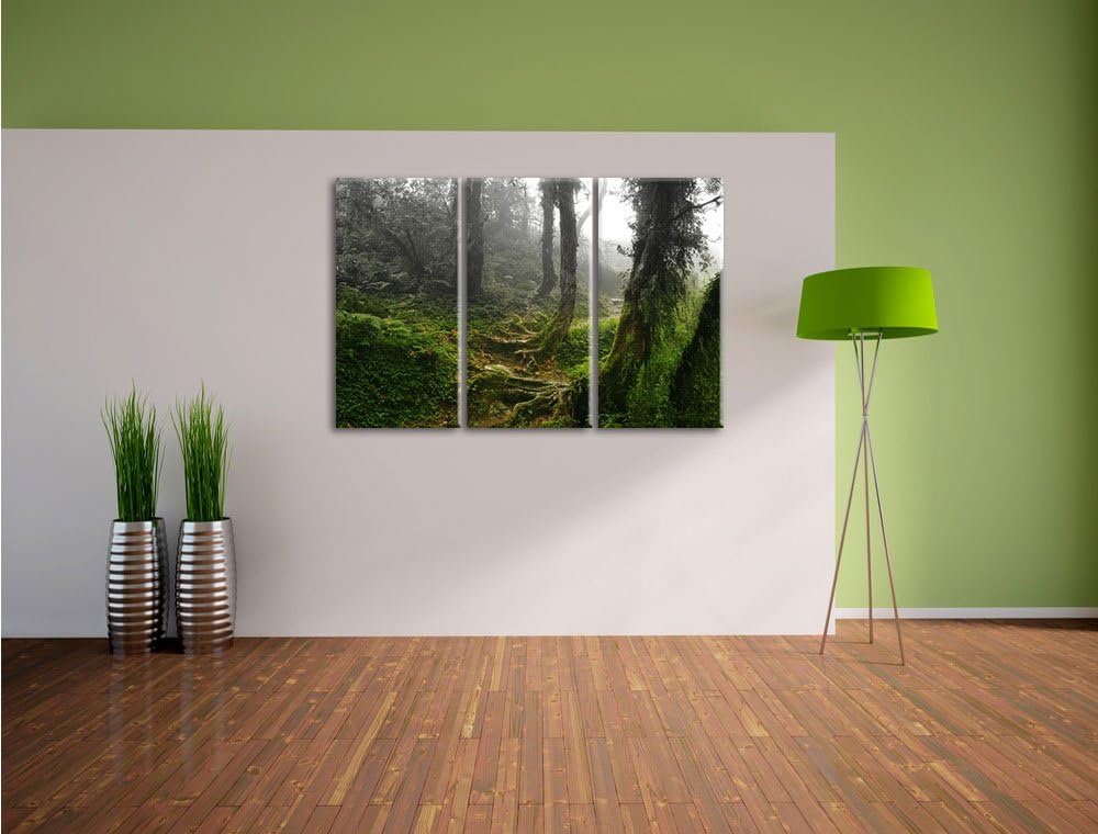 Pixxprint Unberührter Regenwald Schwarz/Weiss 3-Teiler Leinwandbild 120x80 Bild auf Leinwand