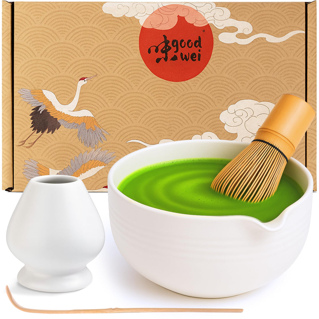 Goodwei Matcha Set mit Matchabesen, Löffel und Matcha Schale mit Besenhalter aus Keramik im passende
