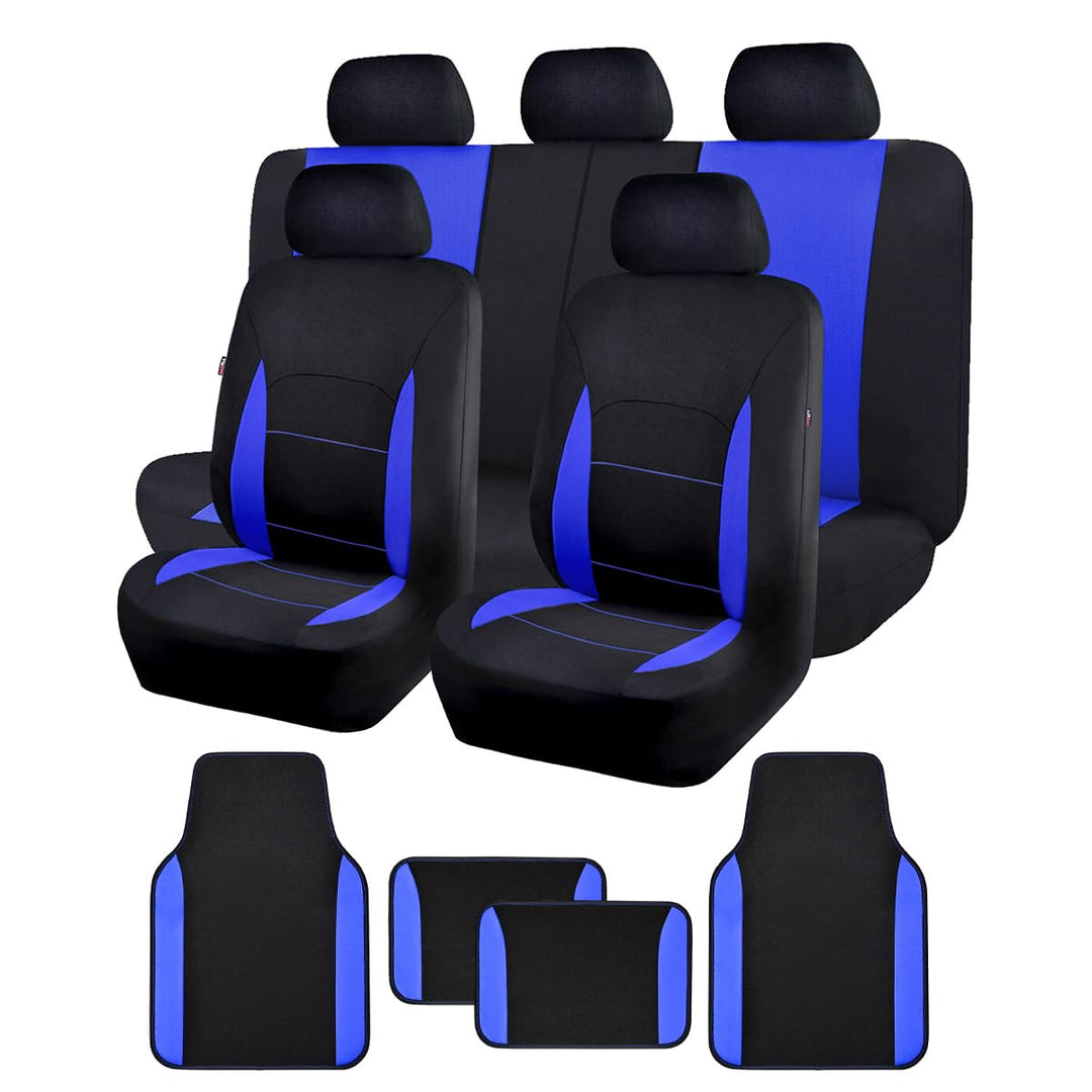 Flying Banner Universal Sitzbezug Auto Komplettset mit rutschfesten Auto-Fussmatte (Combo Set, Blau)