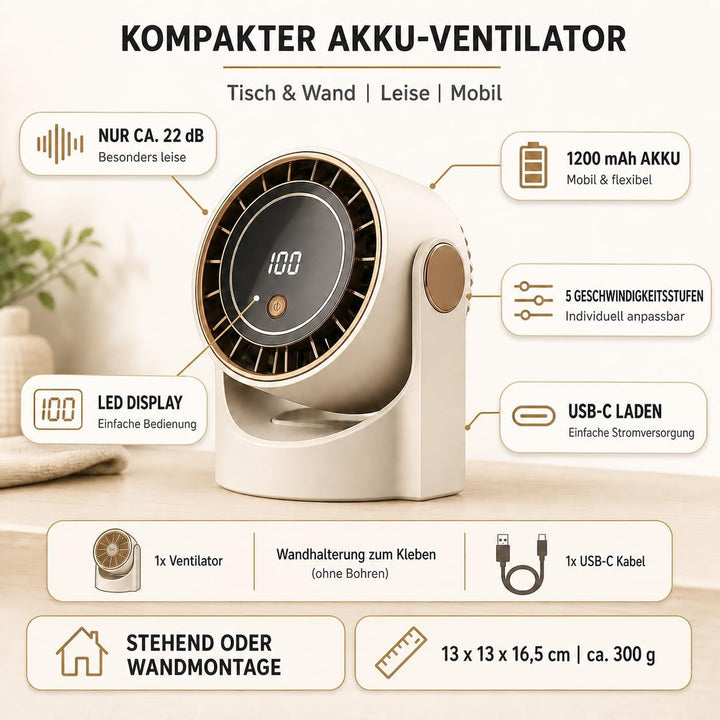 Bestlivings Tisch- und Wandventilator Akku Creme 5 Stufen | 1200 mAh, LED Display, 22 dB leise, USB-