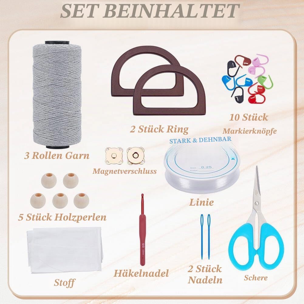 INFUNLY DIY Häkeltaschen Set für Anfänger Erwachsene Hellgraue Tasche Häkel Set mit Schritt Videoanl