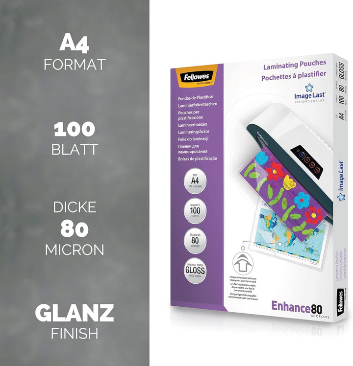Fellowes Laminierfolien A4, glänzend, Laminierfolie mit 80 mic pro Seite, mit ImageLast Ausrichtungs