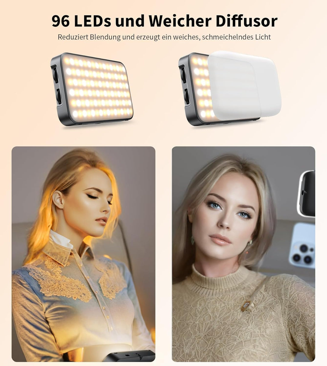 TONEOF 96 LED Handy Licht mit Weichem Diffusor und Integriertem Ständer, Wiederaufladbare Kameralich