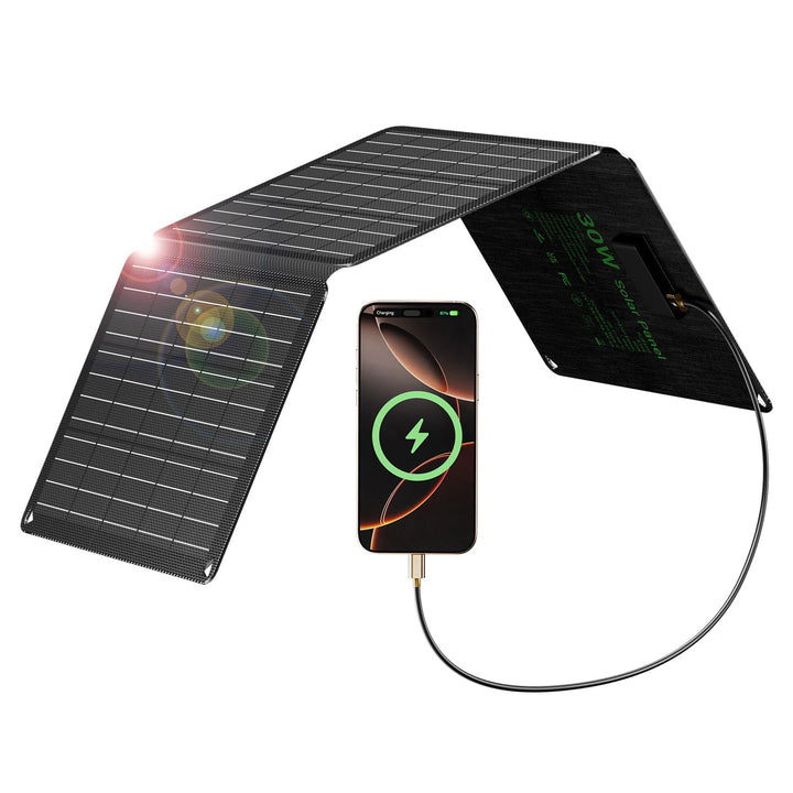 30W Solarpanel Faltbar mit 3 Ports (USB-C+USB-A+DC), IP67 Wasserdichtes Tragbares Solar-Ladegerät, H