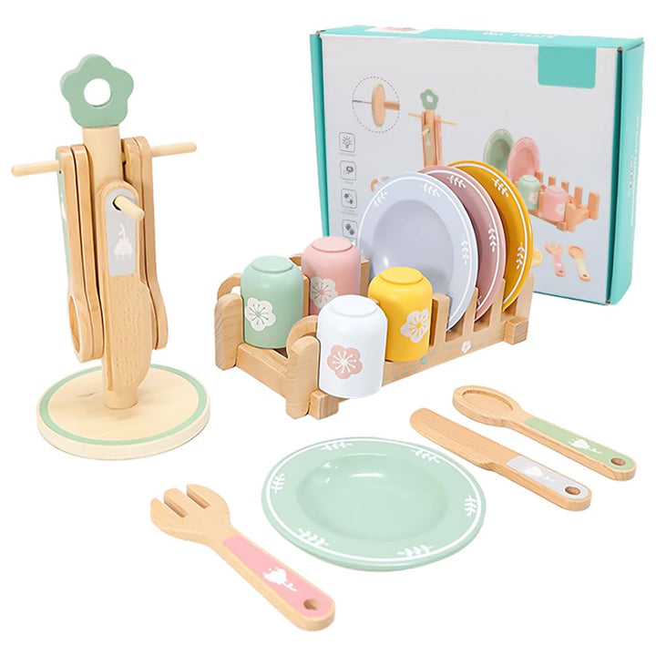 Teeservice Kinder Holz, Kinderküche Geschirr mit Tassen Teller, Spielküche Zubehör Puppengeschirr Ho