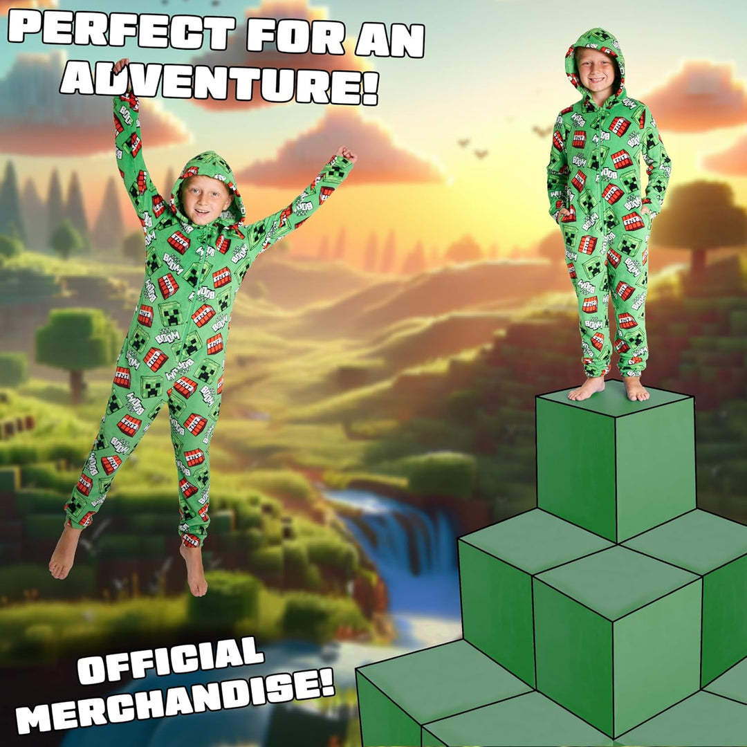 Minecraft Onesie Creeper Fleece Jumpsuit Sleepsuit Gamer Geschenk Schlafoverall mit Kapuze für Junge