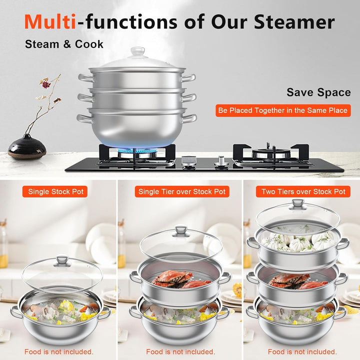 3 Tier Edelstahl Dampfer Dampfgarer Topf 3-Lagig Steam Cooker Kochtopf Dampfgarer für Gas- Elektro-