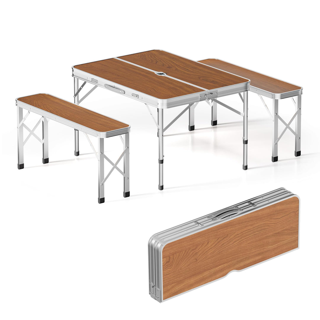 Wiltec Koffertisch mit 2 Bänken Holzdesign Aluminium 90x66x70 cm Campingtisch klappbar Sitzgruppe Ca