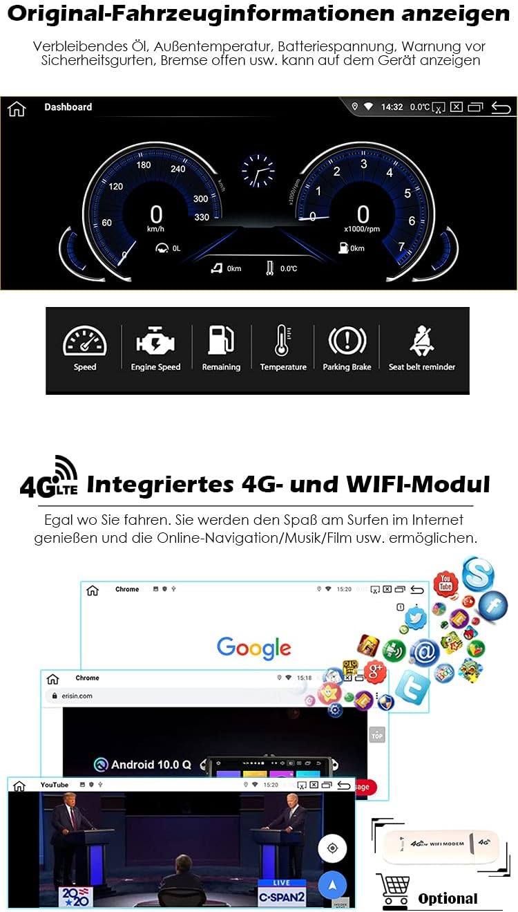 Erisin 8-Kern 8.8” CarPlay Android 10.0 GPS Autoradio Navi für BMW 3 Serie E90 E91 E92 E93 5 Serie E