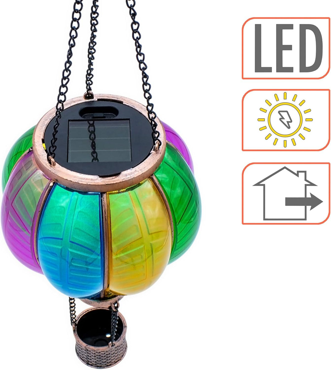 Solar LED Heissluftballon Lampe bunt zum Hängen - 45 cm - Garten Lichtspiel mit Flammen Effekt warm