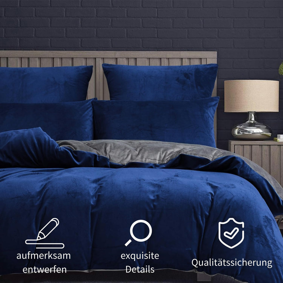 Boqingzhu Flanell Winter Bettwäsche 155×220cm Plüsch Biber Blau Dunkelblau Grau Warm Kuschelig Flaus