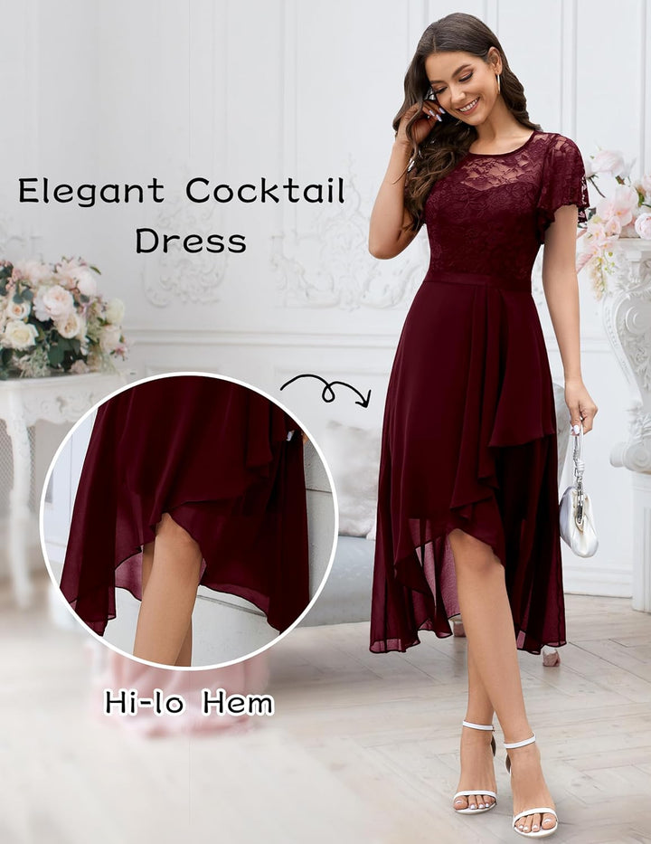 Wedtrend Abendkleid Damen Elegant für Hochzeit High Low Cocktailkleid Chiffonkleid mit Spitzen A Lin