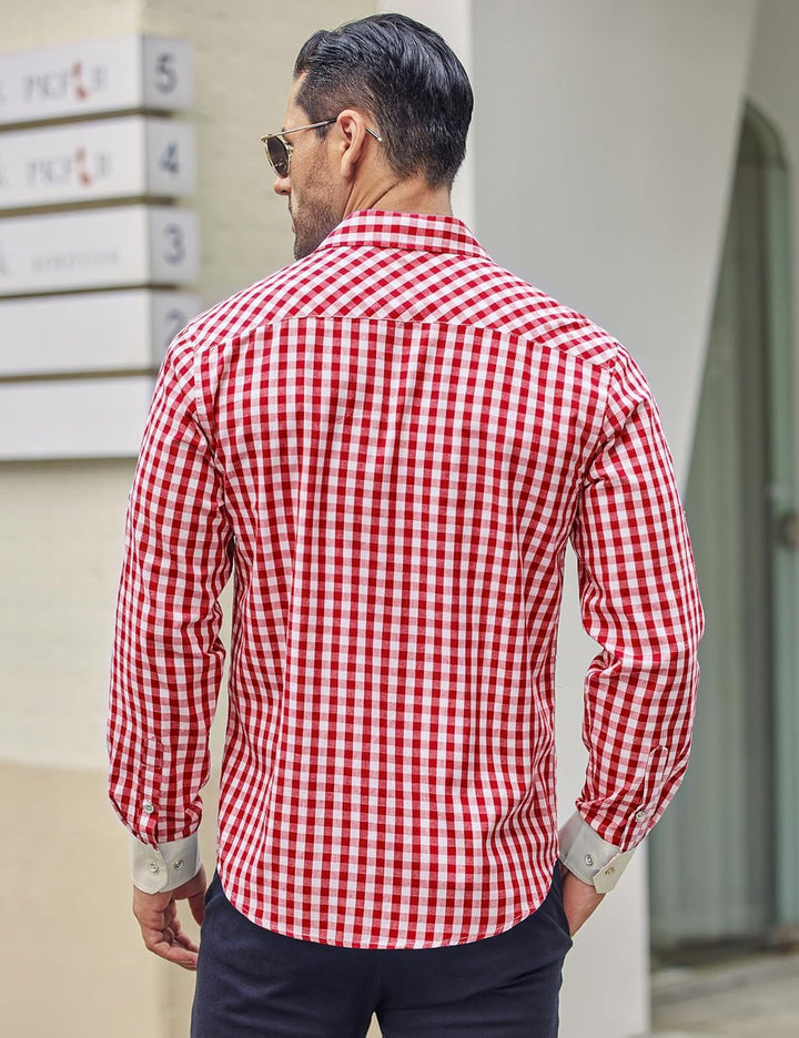 COOFANDY Herren Langarm Trachtenhemd Karriert Oktoberfest Hemd Regular Fit Karohemd Freizeithemd Pla