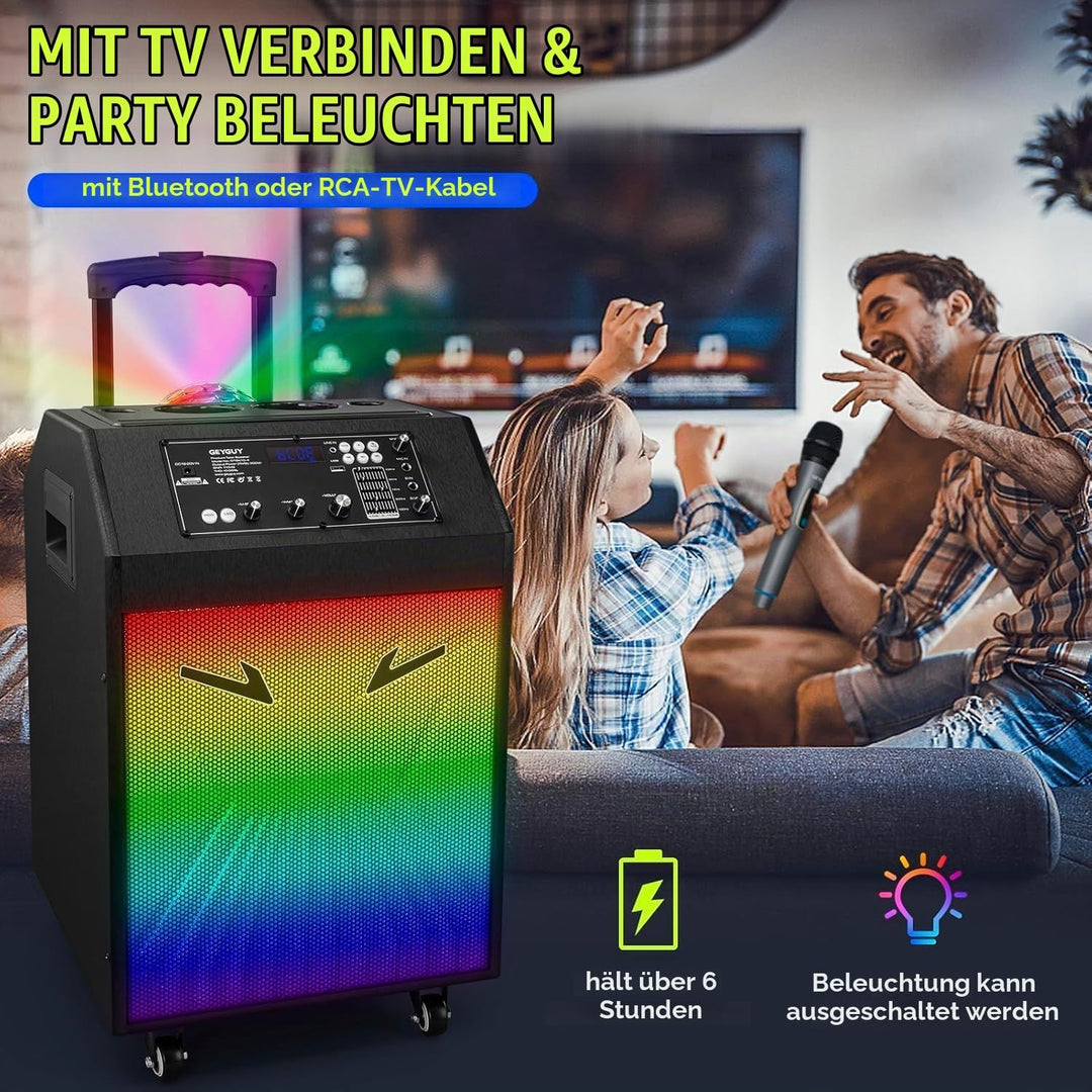 Karaoke Maschine Ankuka Karaoke Anlage mit 2 drahtlosen Mikrofonen Bluetooth PA Anlage mit Rädern un