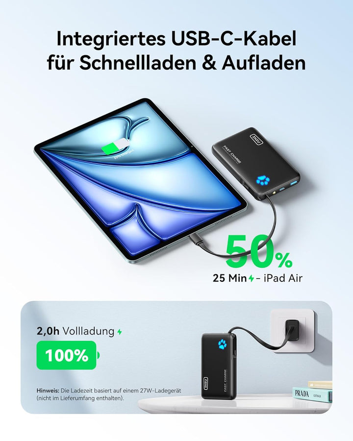 INIU 45W Power Bank, Mini-Grösse 10000mAh PowerBank mit Integriertem USB-C Kabel, Schnellladen Exter