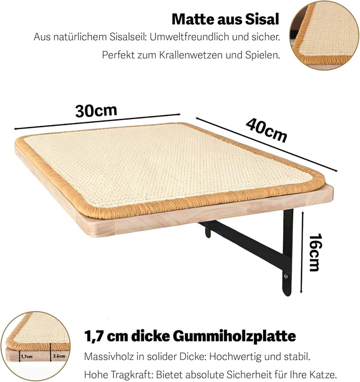 Kratzbaum Wand Massivholz - Katzenwandmöbel mit Sisal Kratzmatte, 40x30cm Kletterwand Katzen mit Kat