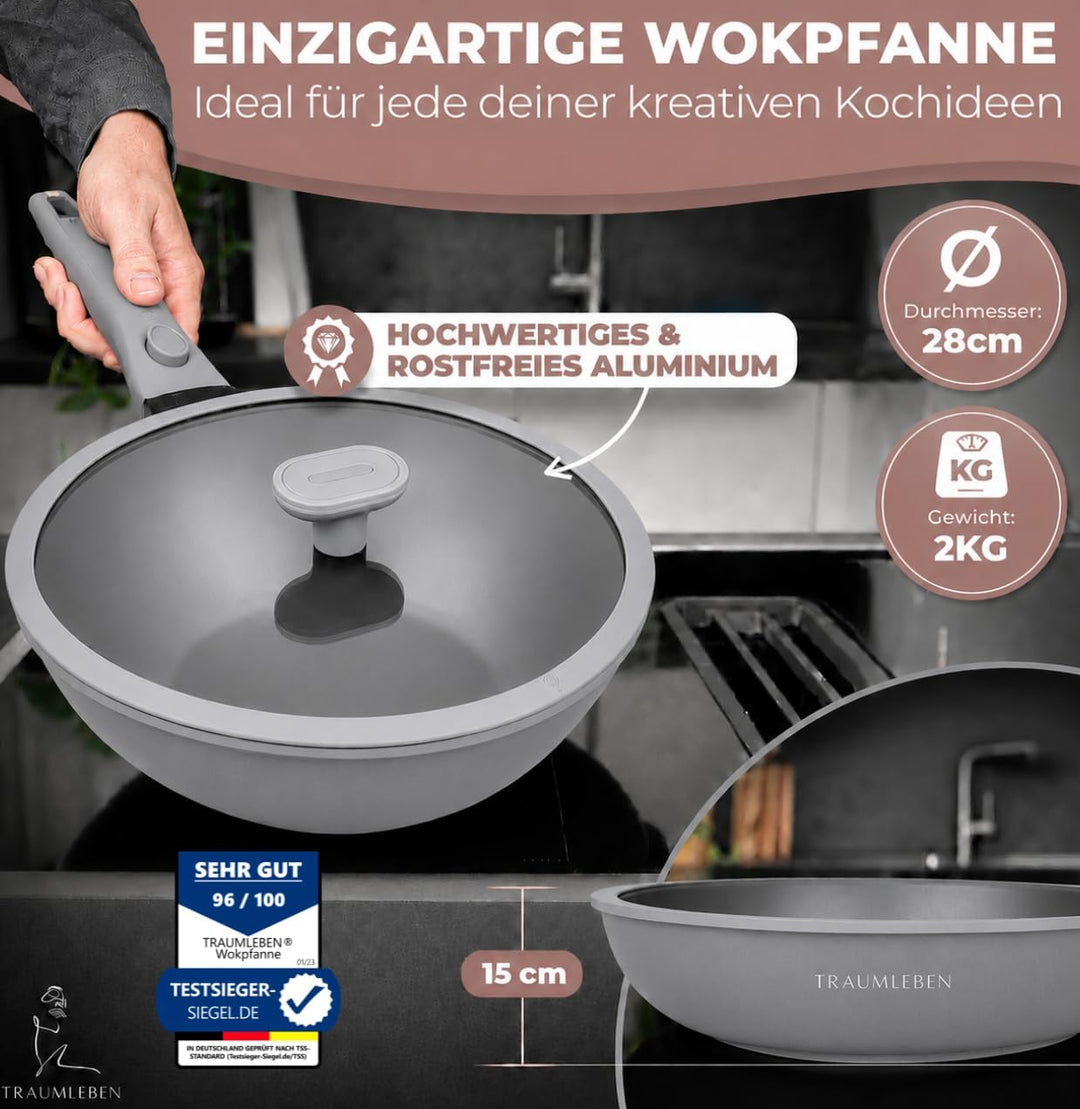 Wokpfanne mit Deckel 28 cm [abnehmbaren Griffe &amp; Antihaftbeschichtung] PFOA-frei, für Induktion geei