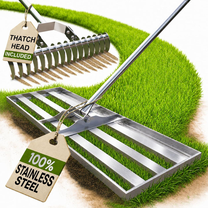 2in1 RasenRakel Edelstahl 80x30cm + vertikutierer Hand Rasen rake | Nivellierrechen mit stiel egalis