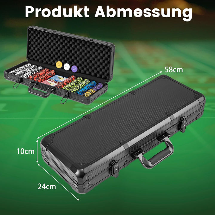 DREAMADE Aluminium Pokerkoffer mit 500 nummerierten Laser Poker Chips/ 2 Pokerkarten Set/ 5 Würfel/