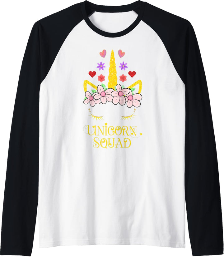 Unicorn Squad Girls Kids Floral Rainbow Flower Face Queen Raglan