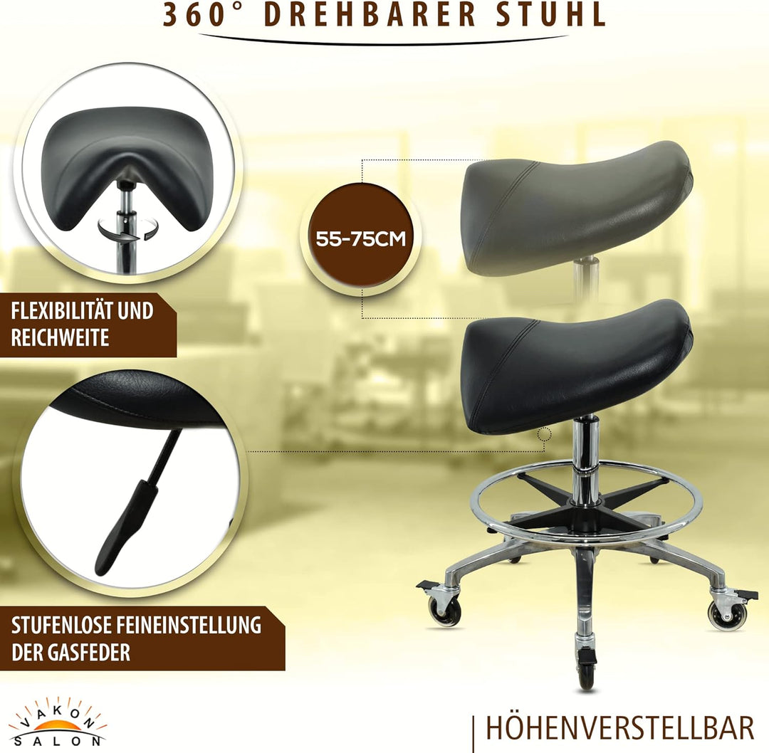 Premium Sattelhocker schwarz mit Bremse, Sattelstuhl für Rückenentlastung, Rollhocker höhenverstellb