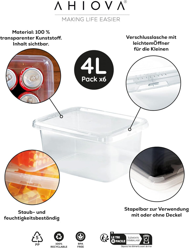 Aufbewahrungsboxen Klein 4L mit Deckel 6er Set Stapelbar 100% Transparent Klickverschluss 26,5x19,5x