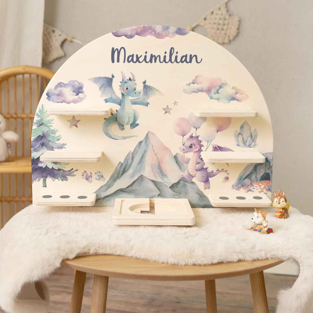 GRAVURZEILE Toniebox Regal - Drache - Personalisiert mit Name - Kinderzimmer Wandregal zur Aufbewahr