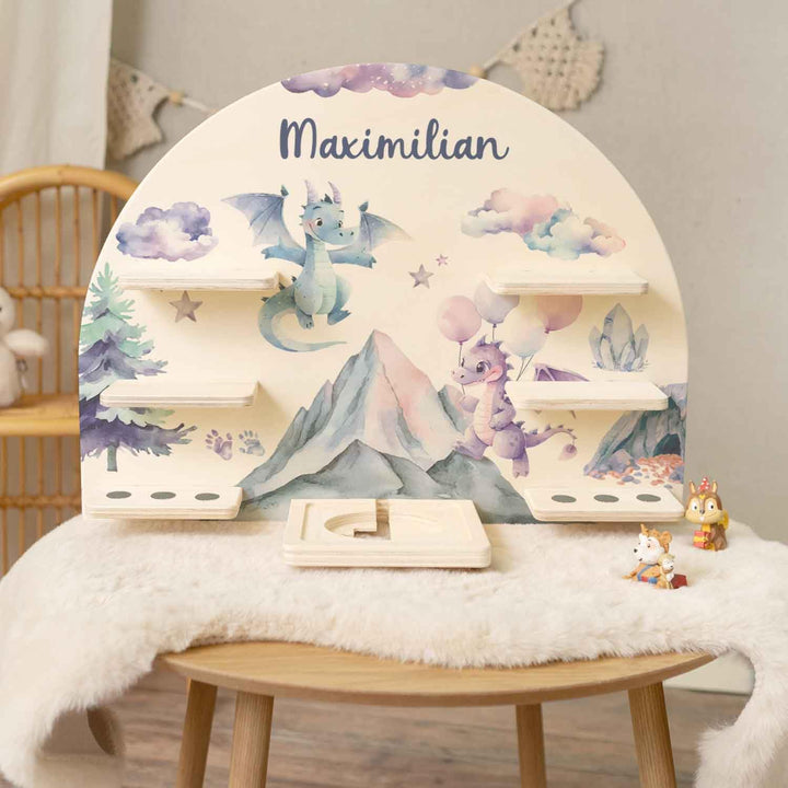 GRAVURZEILE Toniebox Regal - Drache - Personalisiert mit Name - Kinderzimmer Wandregal zur Aufbewahr