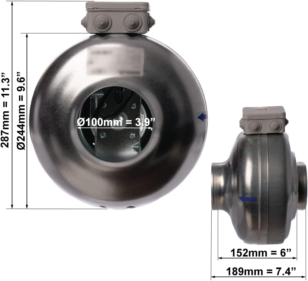 Europlast 100mm Rohrlüfter Rohrventilator Metall radial Abluftrohr Lüfter 379m³ Abluftventilator AKM