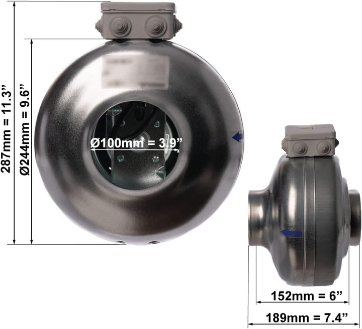 Europlast 100mm Rohrlüfter Rohrventilator Metall radial Abluftrohr Lüfter 379m³ Abluftventilator AKM
