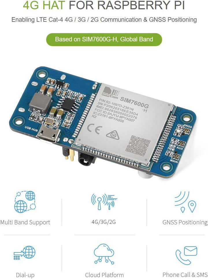 Waveshare SIM7600G-H 4G HAT, Global Band, Enabling LTE Cat-4 4G / 3G / 2G Communication & GNSS Posit