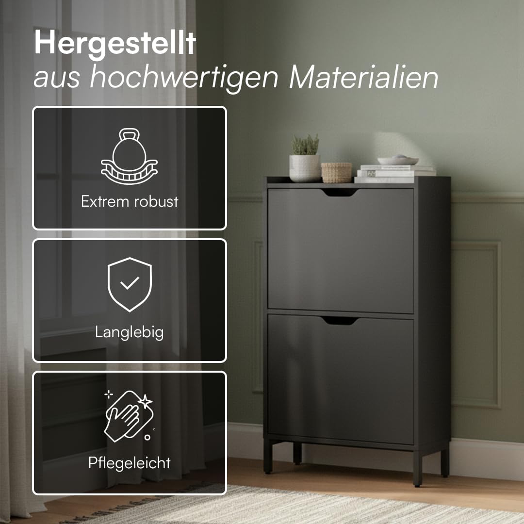 Bellamio Ceyhan Schuhschrank mit 2 Klappen – Schuhkipper schwarz aus Holz – Schuhregal schmal 50x19x