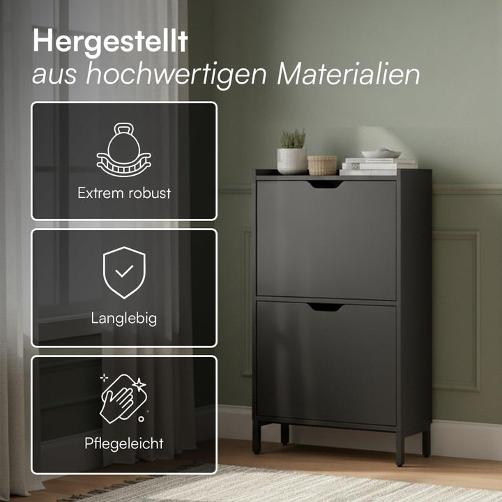 Bellamio Ceyhan Schuhschrank mit 2 Klappen – Schuhkipper schwarz aus Holz – Schuhregal schmal 50x19x