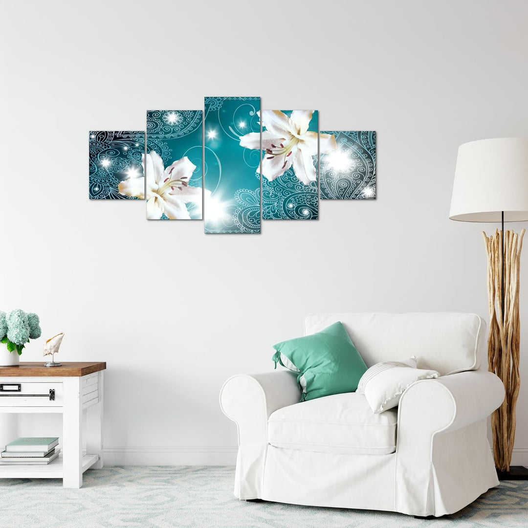 Runa Art Wandbilder Blumen Lilien 5 Teilig Bild auf Vlies Leinwand Deko Wohnzimmer Abstrakt Türkis 0
