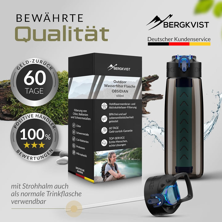 BERGKVIST® Outdoor Wasserfilter Flasche OBSIDIAN (650ml) mit Kompass - Trinkflasche mit Filter für s